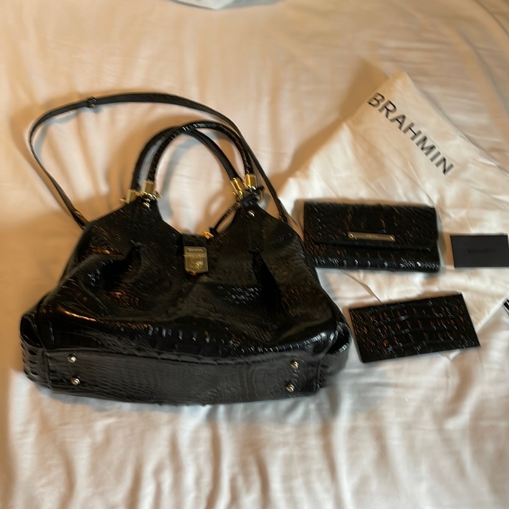 Brahmin Black Melbourne bag, wallet, dust bag